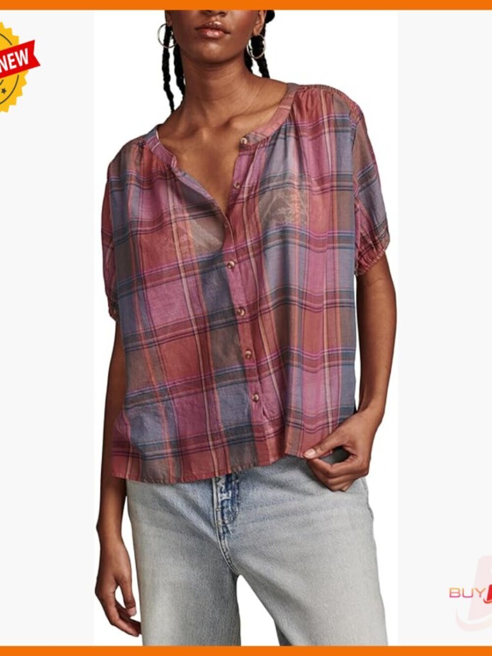 Smocked Shoulder Button Down Blouse, 100% Cotton, Classic Fit, Short Sleeve